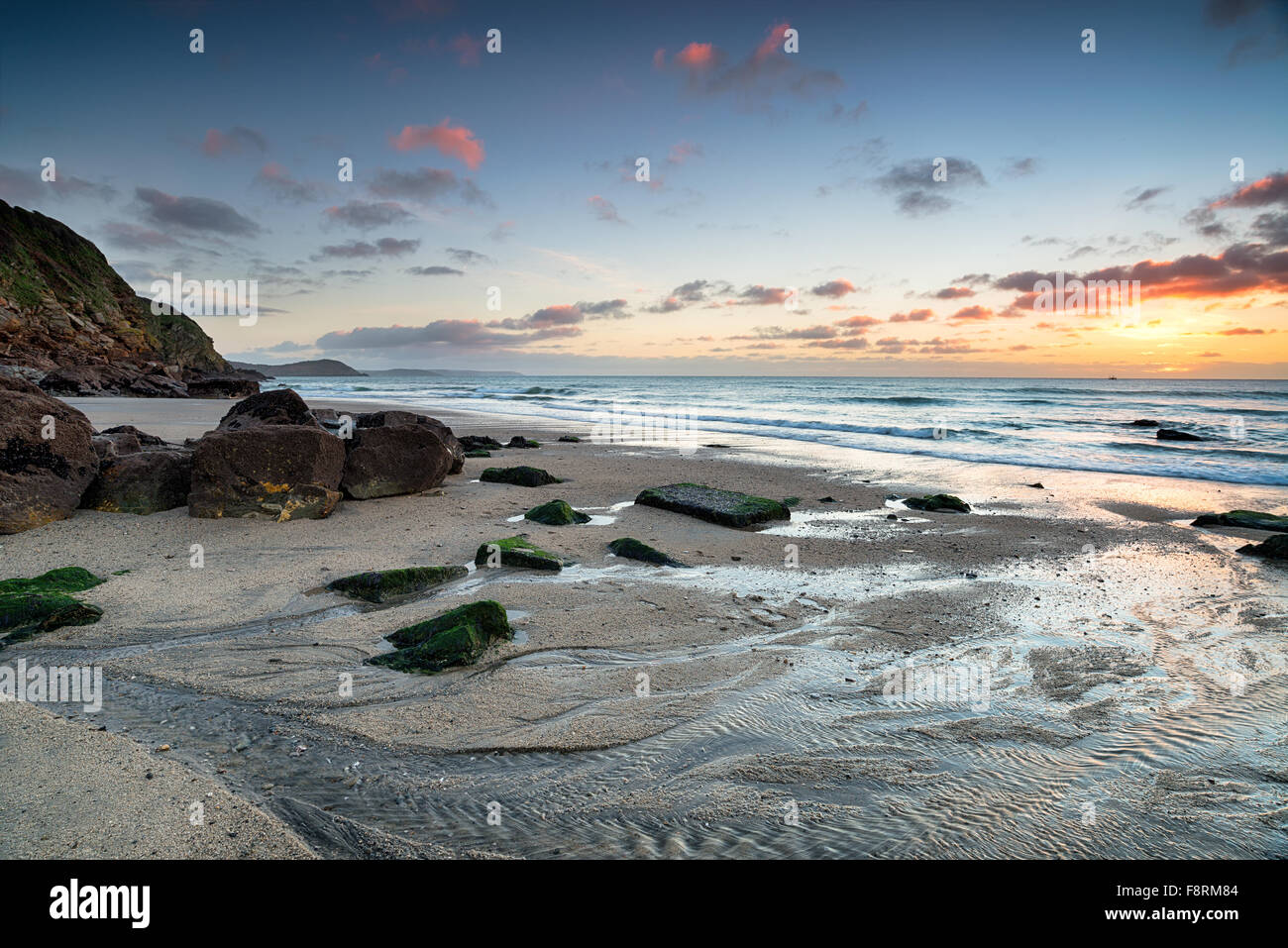 Stunning sunrise at Pentewan Sands beach near St Austell in Cornwall ...