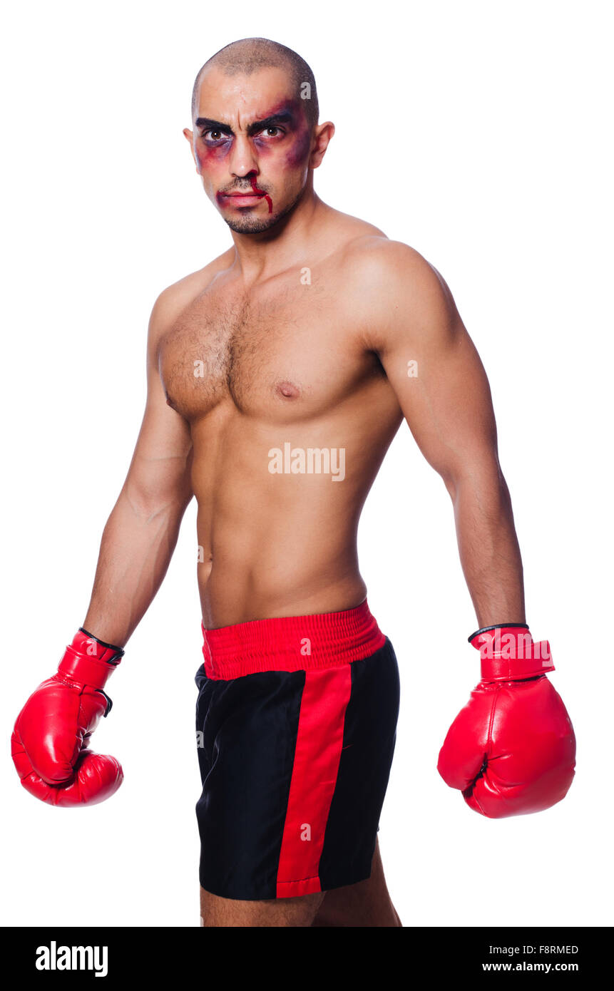 Overprotected Boxer Badly beaten boxer isolated on white Stock Photo - Alamy