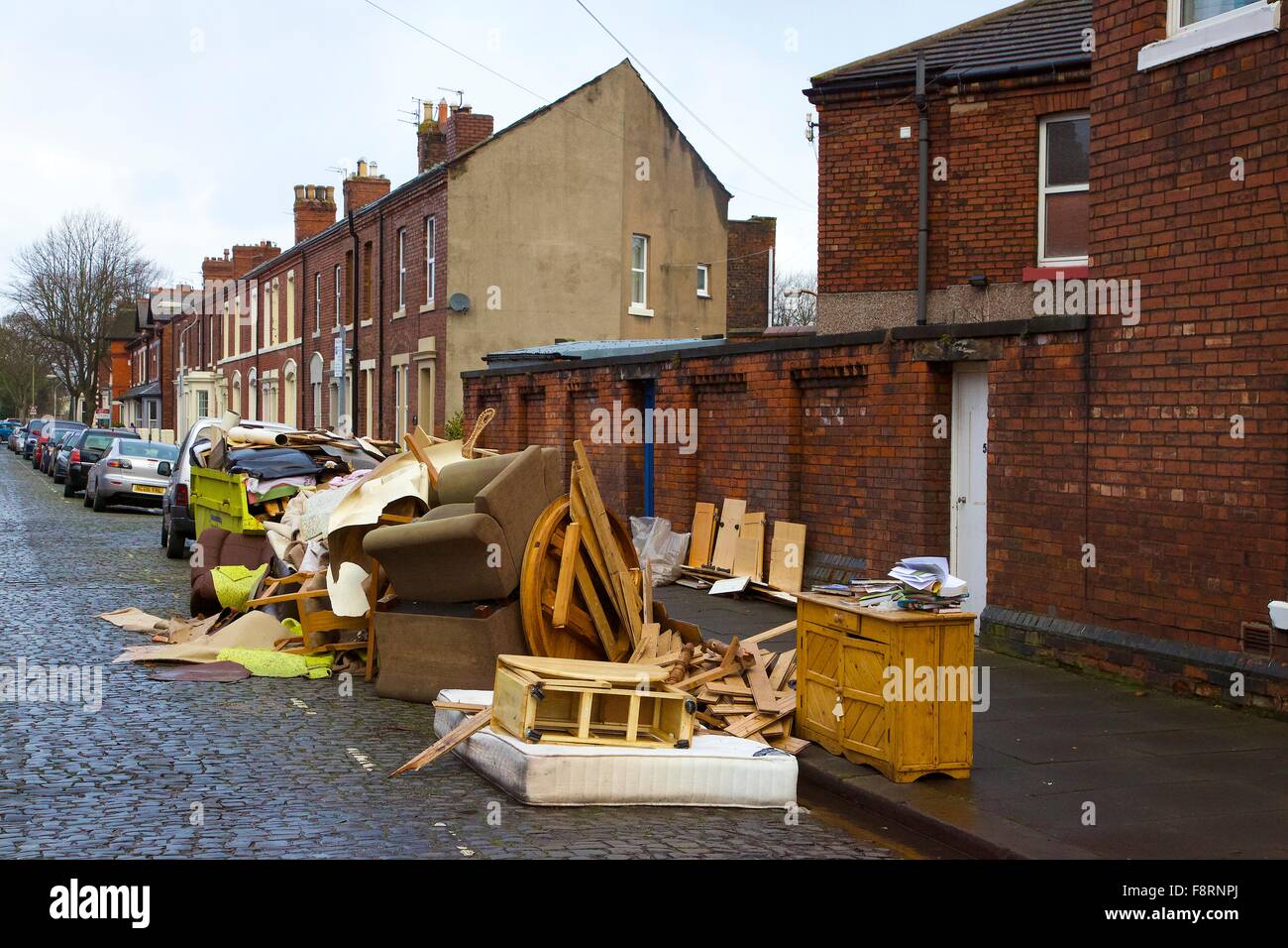 Cumbrian Floods. Carlisle, Cumbria, UK. 13th December 2015. Flood damaged property outside flooded houses. Flooding caused by Storm Desmond. Credit:  Andrew Findlay/Alamy Live News Stock Photo