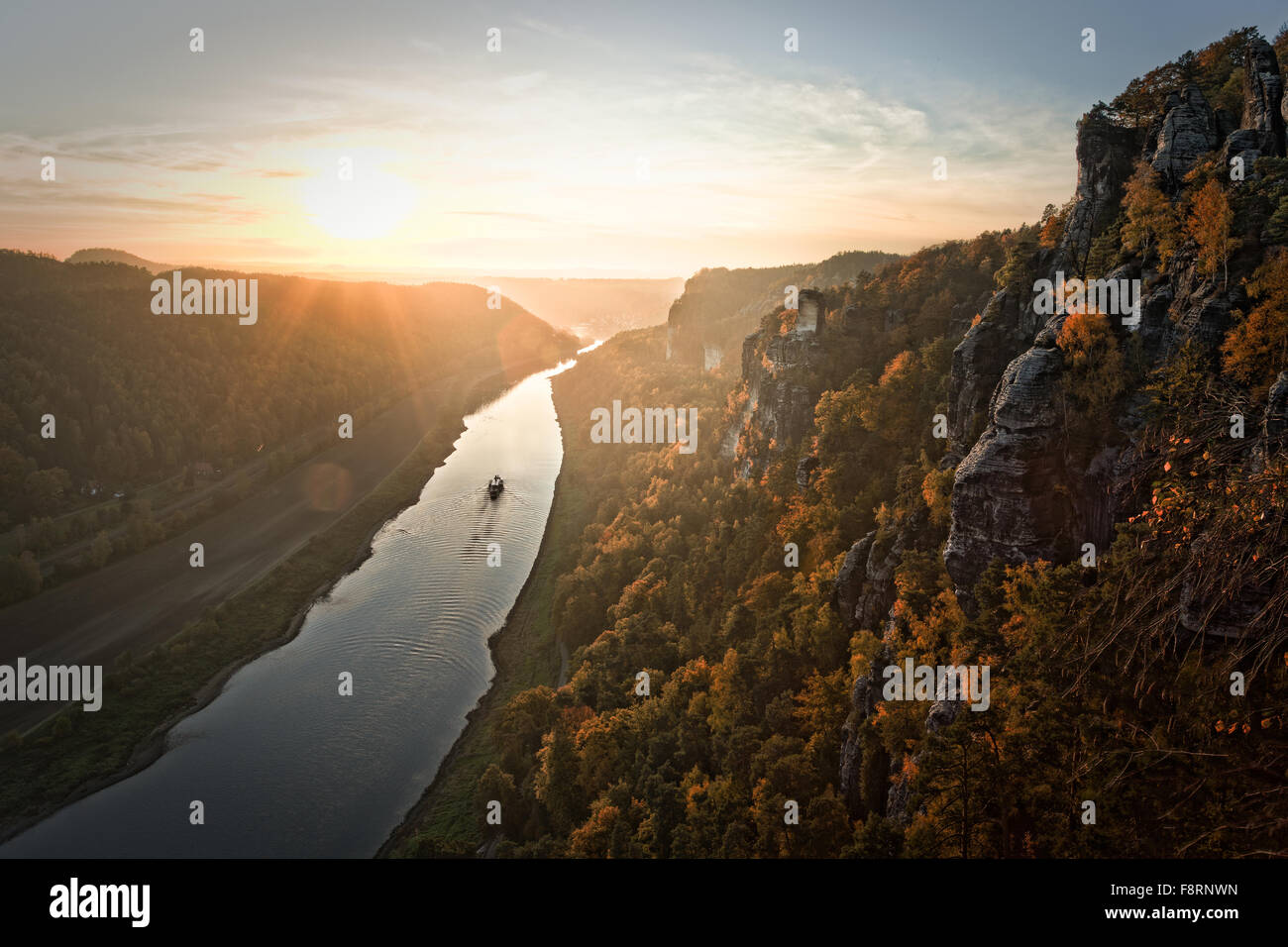 View of Elbe from bastion, sunset, Elbe Sandstone Mountains, Saxon Switzerland National Park, Saxony, Germany Stock Photo
