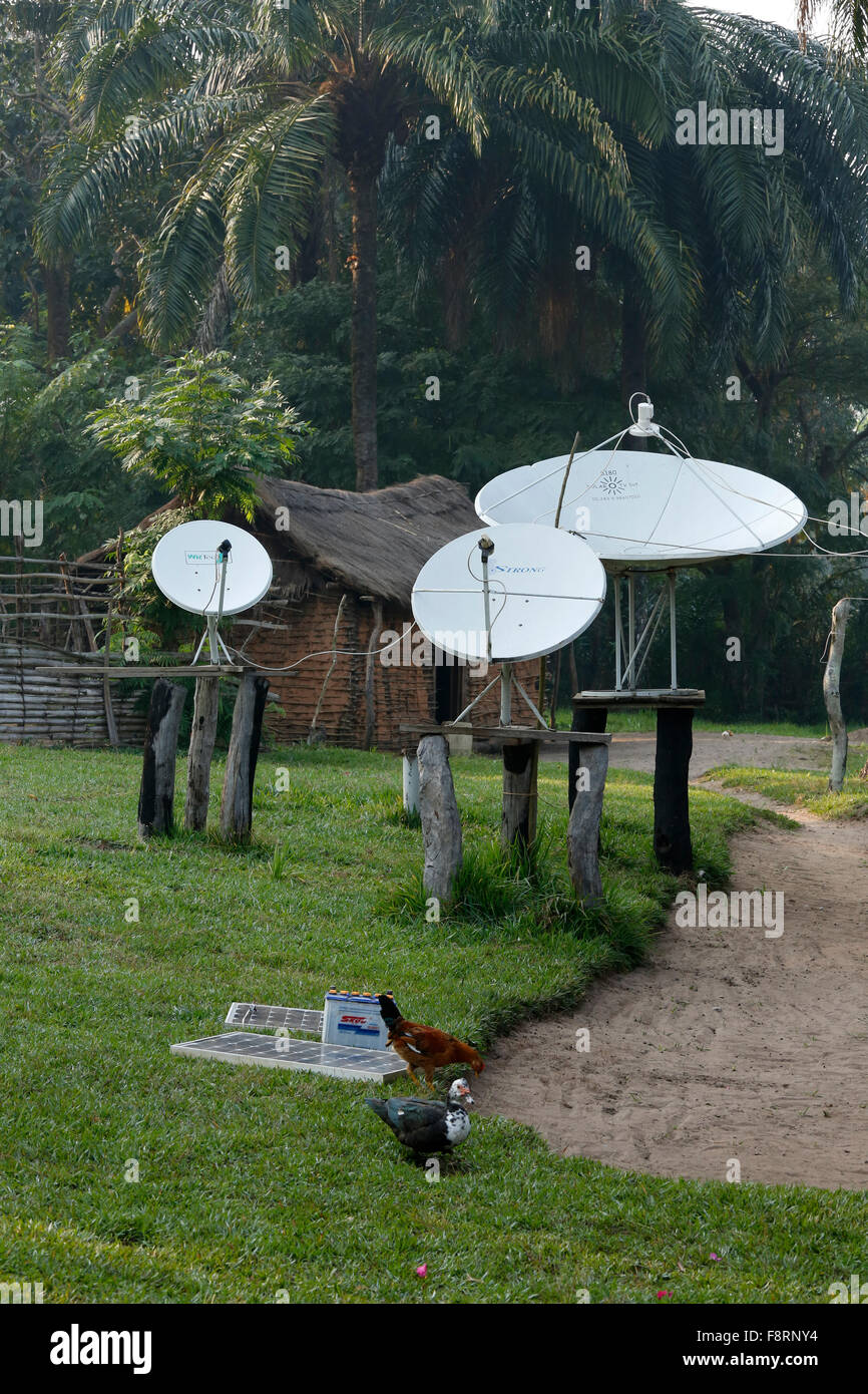 Satellite dishes, battery with solar panels, Matamba-Solo, Bandundu Province, Congo-Brazzaville Stock Photo