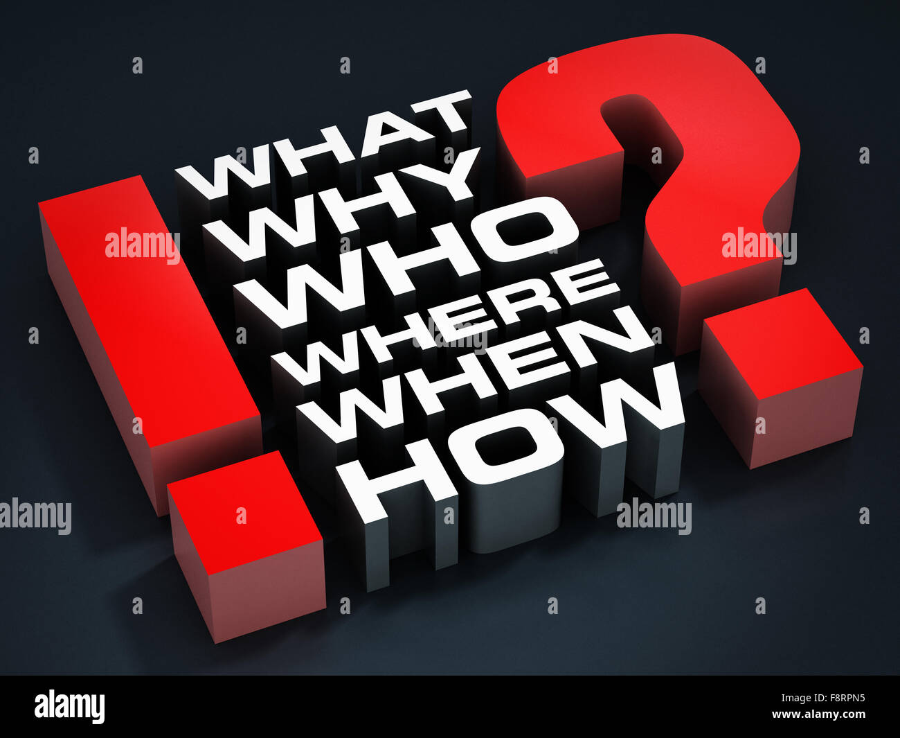 Question words, question and exclamation marks on black background Stock Photo