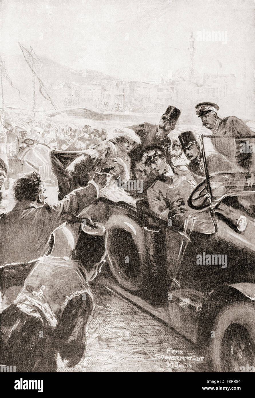 The assassination of Franz Ferdinand and his wife, Sophie, Duchess of Hohenberg, 28 June, 1914 in Sarajevo by Gavrilo Princip.   Franz Ferdinand, 1863 – 1914.  Archduke of Austria-Este, Austro-Hungarian and Royal Prince of Hungary and of Bohemia. Stock Photo