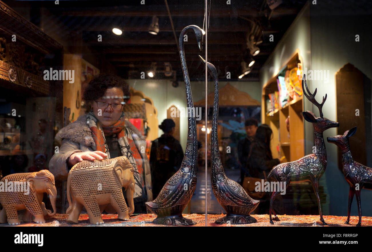 Chinese traditional crafts and accessories and antiques sold at an upscale shop in Kuan Alley in Chengdu. Stock Photo