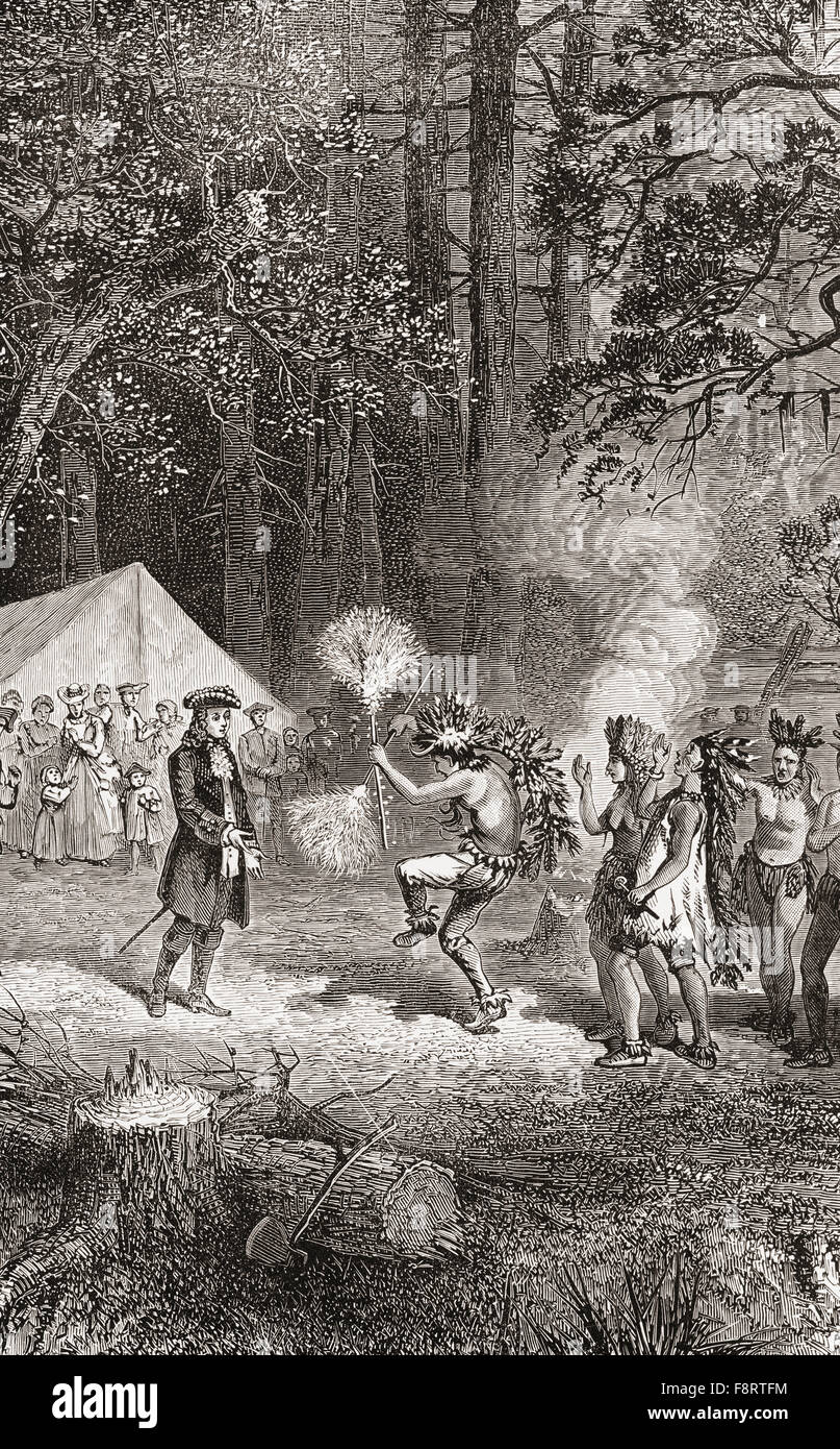 James Oglethorpe, accompanied by settlers, arrives in 1732, at Yamacraw Bluff, Savannah, Georgia to establish a camp with the help of a local elderly Indian ...