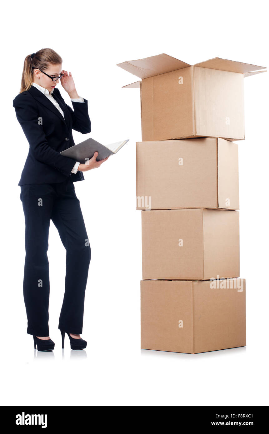 Woman businesswoman with boxes on white Stock Photo - Alamy