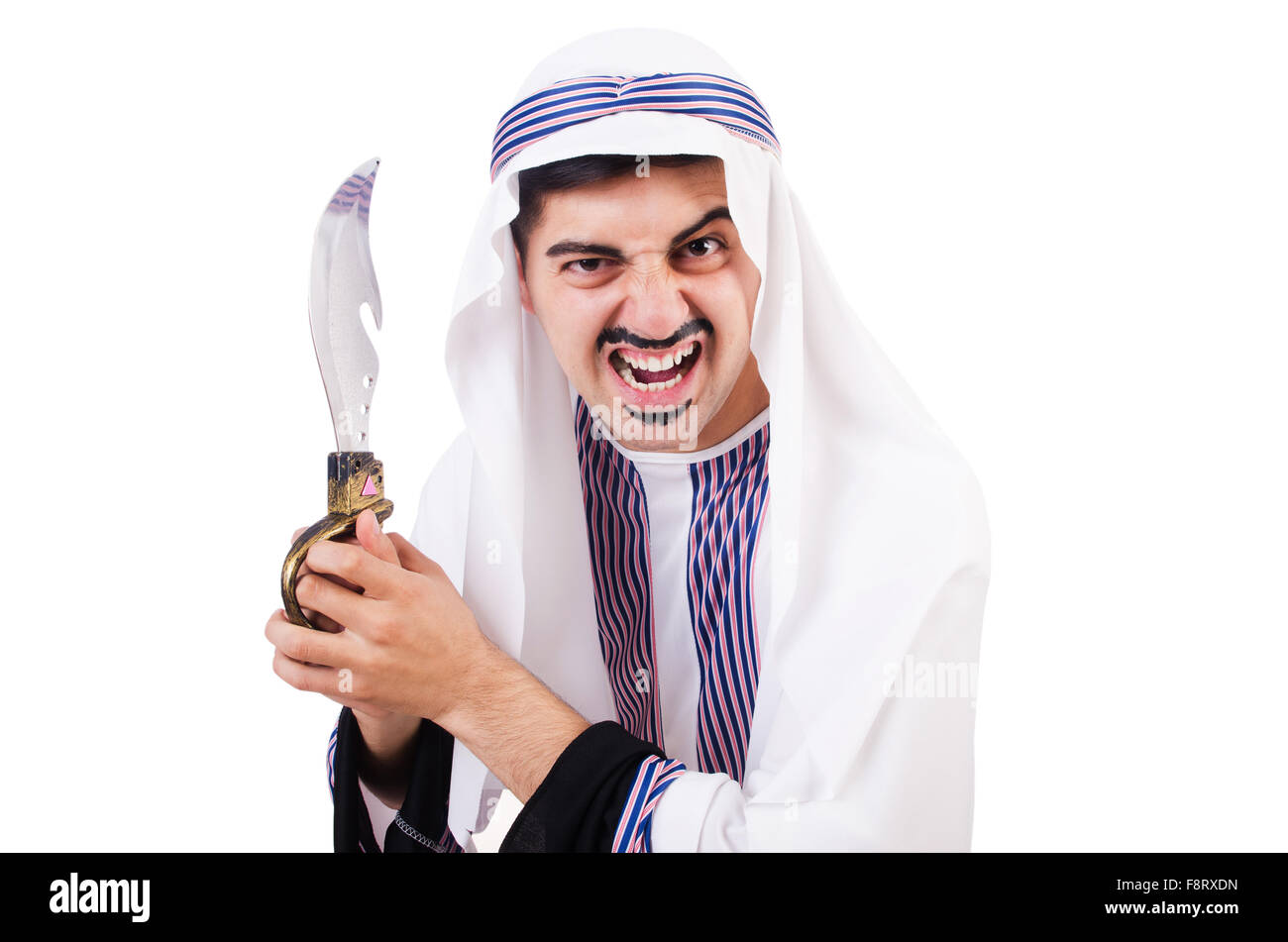 Arab man with knife isolated on white Stock Photo