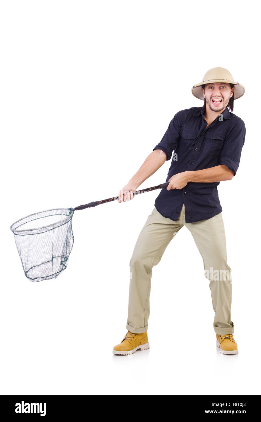 Funny guy with catching net on white Stock Photo - Alamy