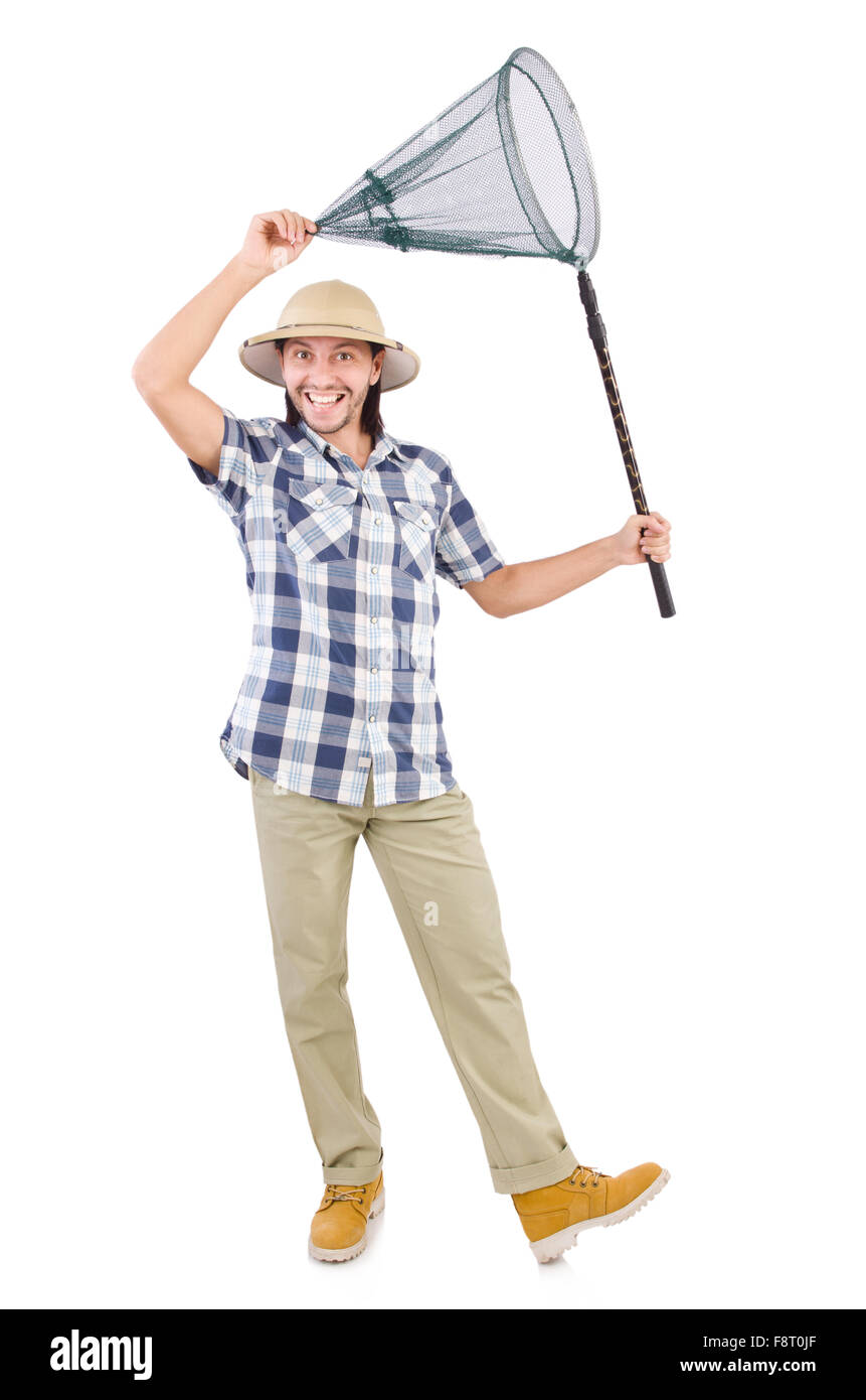 Funny guy with catching net on white Stock Photo - Alamy