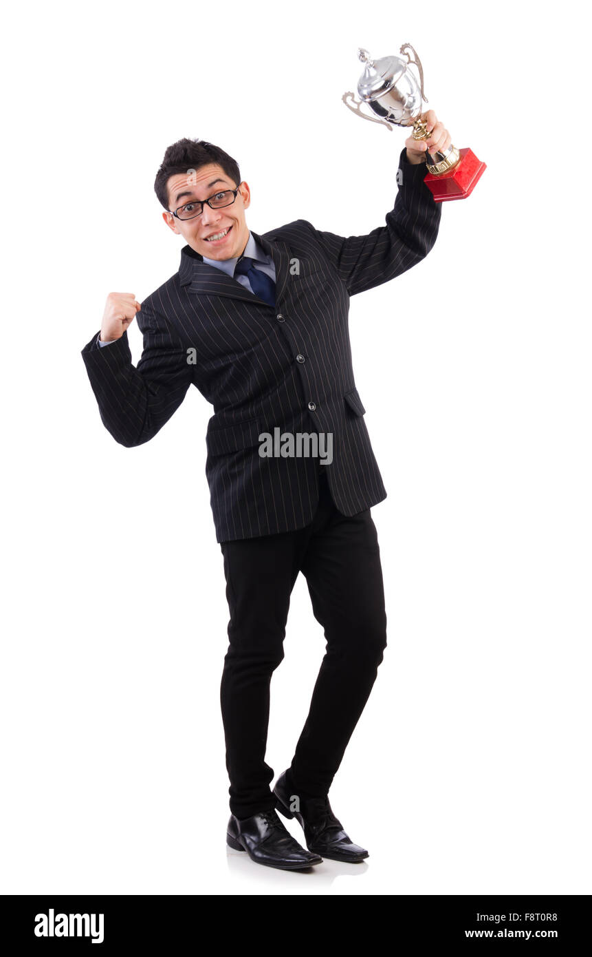 Funny guy receiving award on white Stock Photo