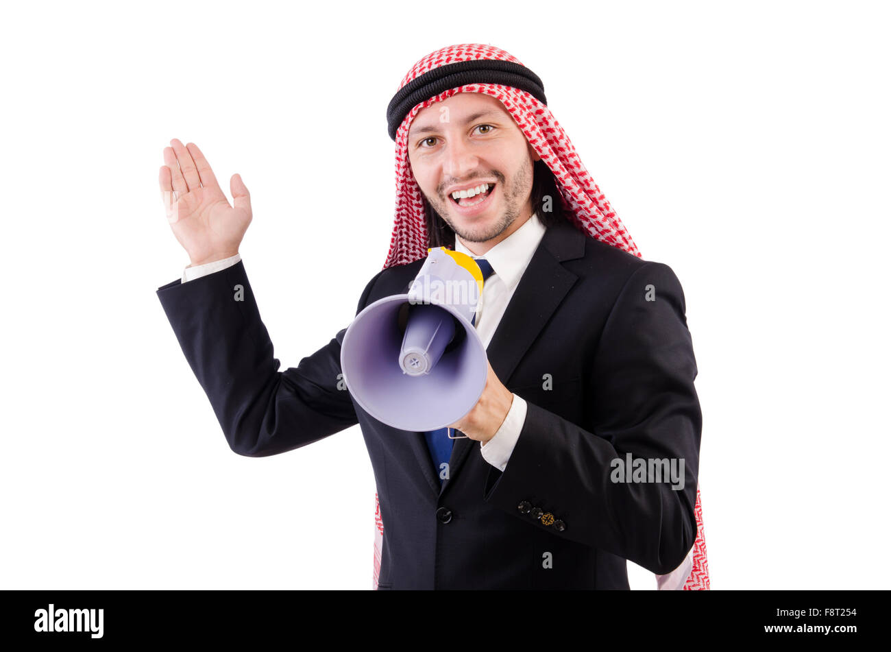 Arab yelling with loudspeaker isolated on white Stock Photo - Alamy