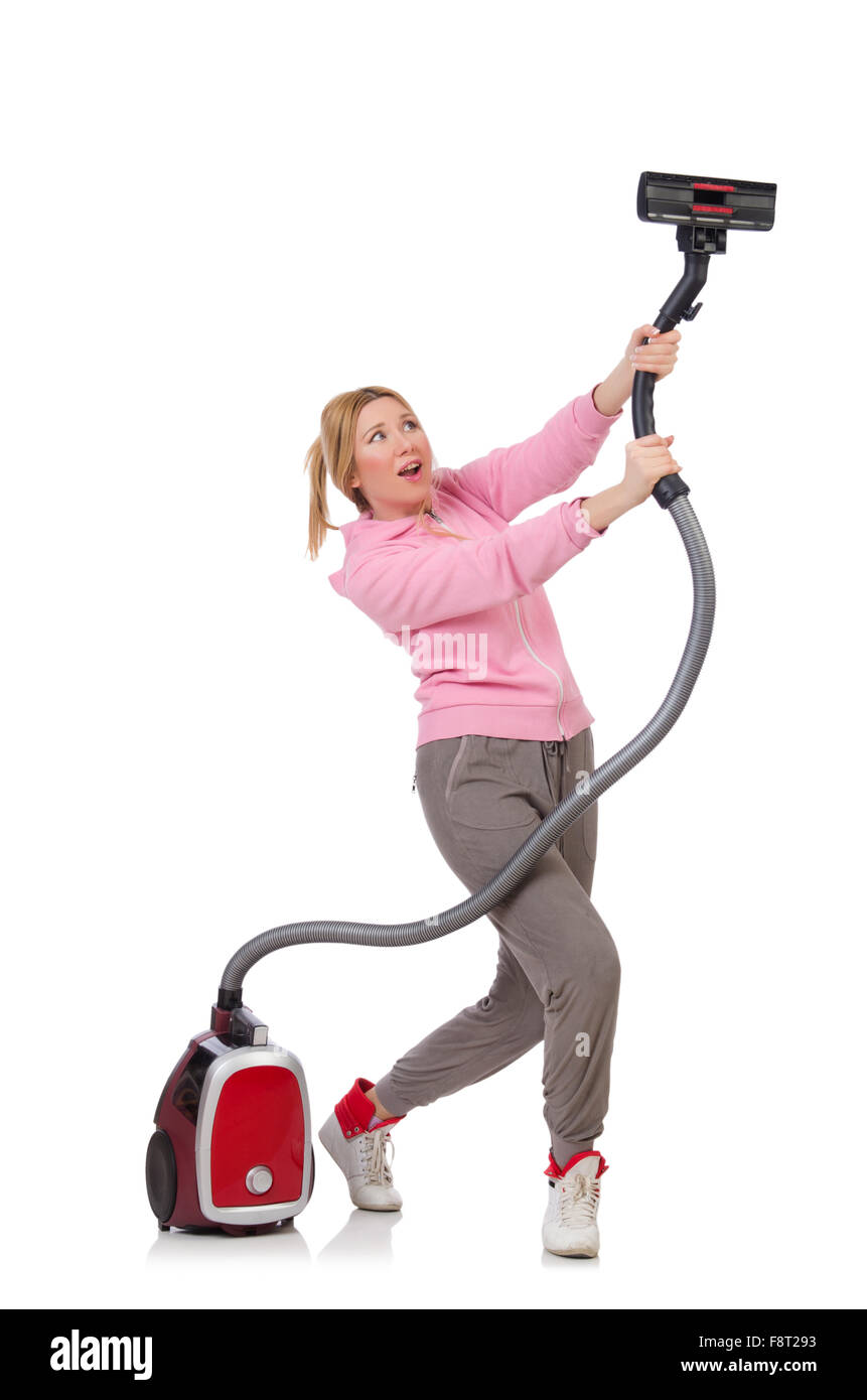 Young woman with vacuum cleaner on white Stock Photo - Alamy