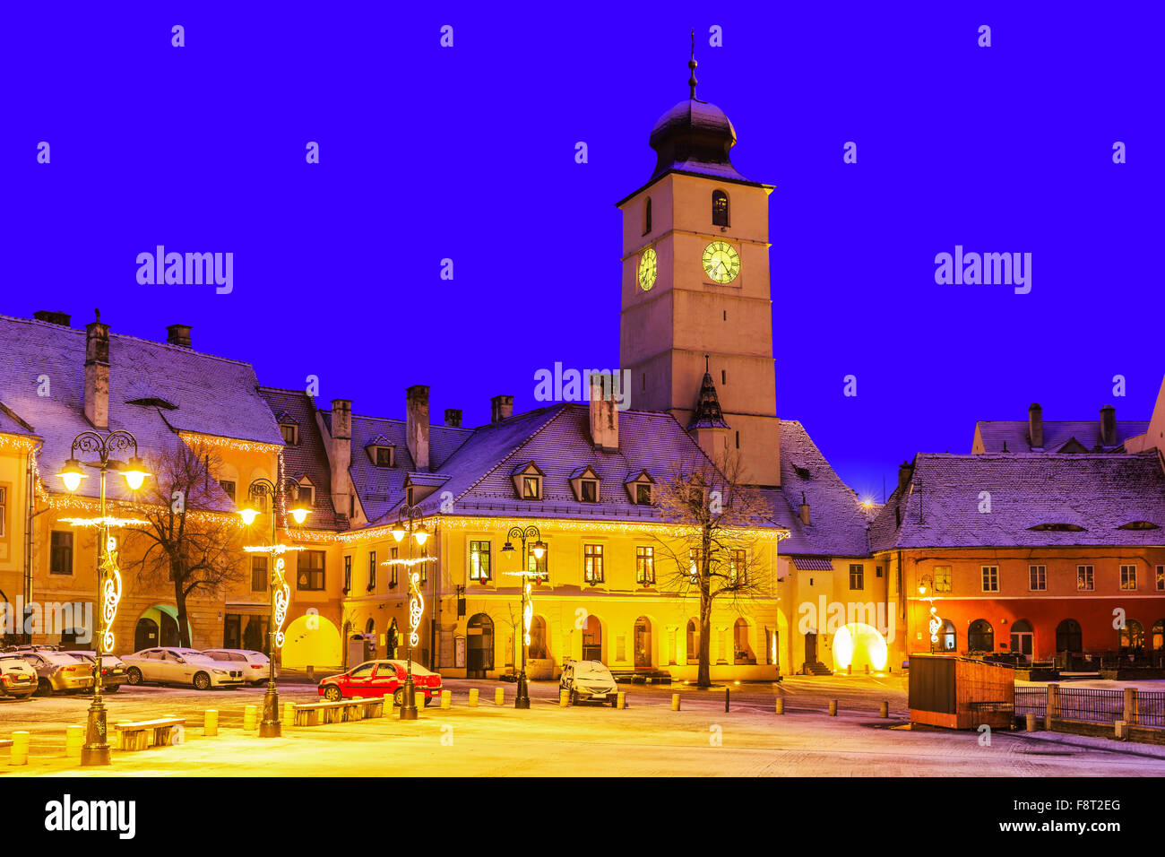 Sibiu, Transylvania. Romania. Small Square, medieval town of Sibiu. Stock Photo