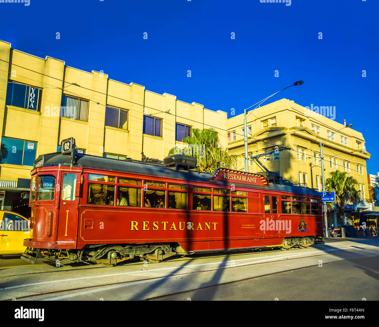 Melbourne Colonial Tramcar Restaurant, a travelling restaurant sightseeing tour from a converted traditional Melbourne tram, St Kilda, Australia Stock Photo