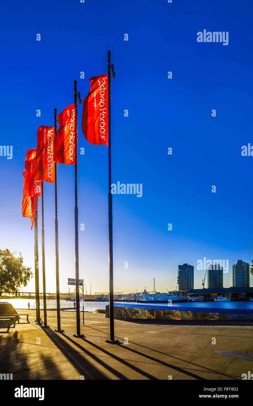 Colourful flags on the streets of the Docklands precinct Melbourne