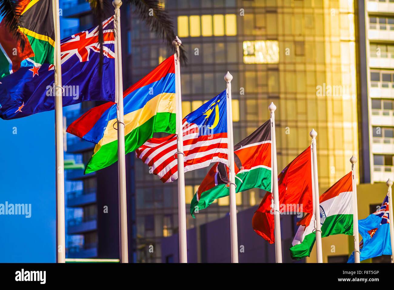 Colourful flags  from around the world, on the streets of Melbourne, Australia Stock Photo