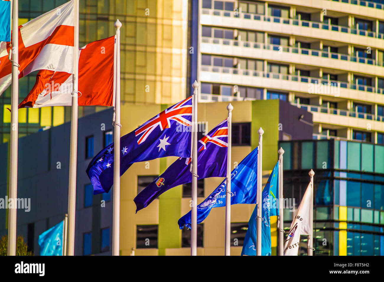 Colourful flags  from around the world, on the streets of Melbourne, Australia Stock Photo