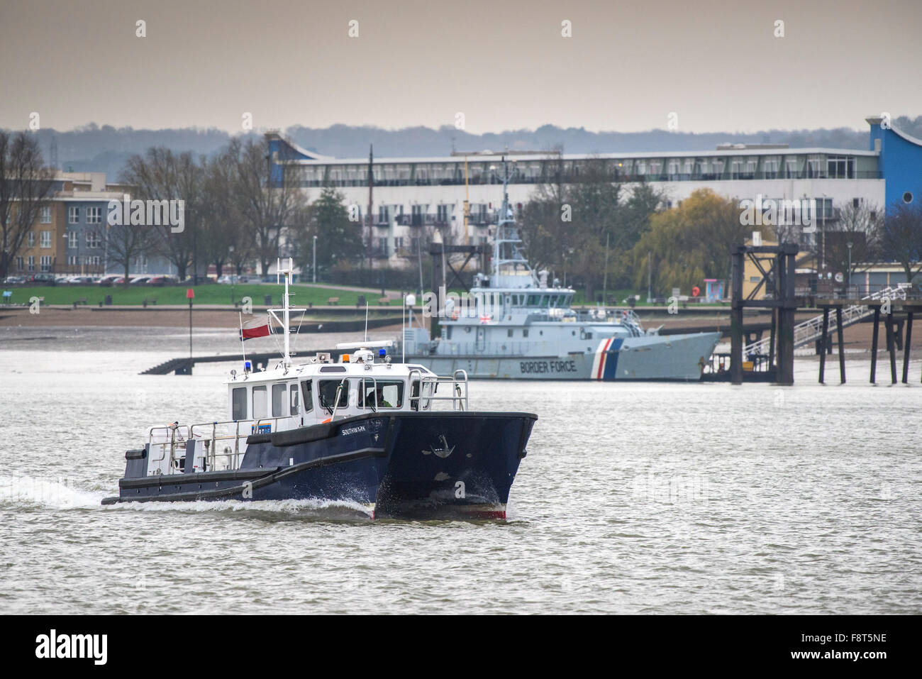 The Port of London Authority patrol boat Southwark steaming upriver on the River Thames. Stock Photo
