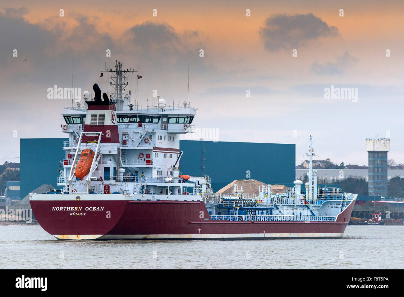 The chemical/oil products tanker, the Northern Ocean steams upriver on the River Thames. Stock Photo