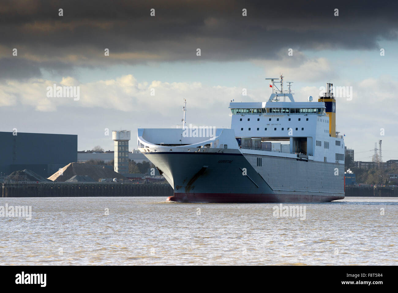 On the River Thames, a Ro-Ro cargo ship from the Cobelfret Ferries Line ...