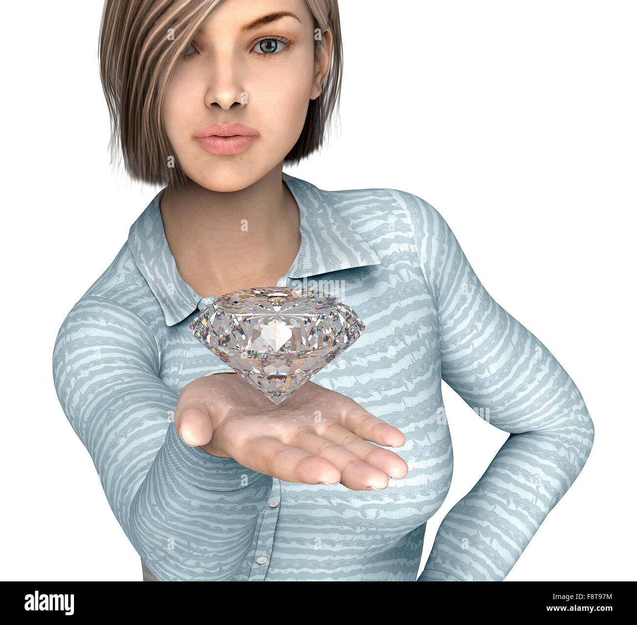 woman holding diamond isolated on white. Stock Photo