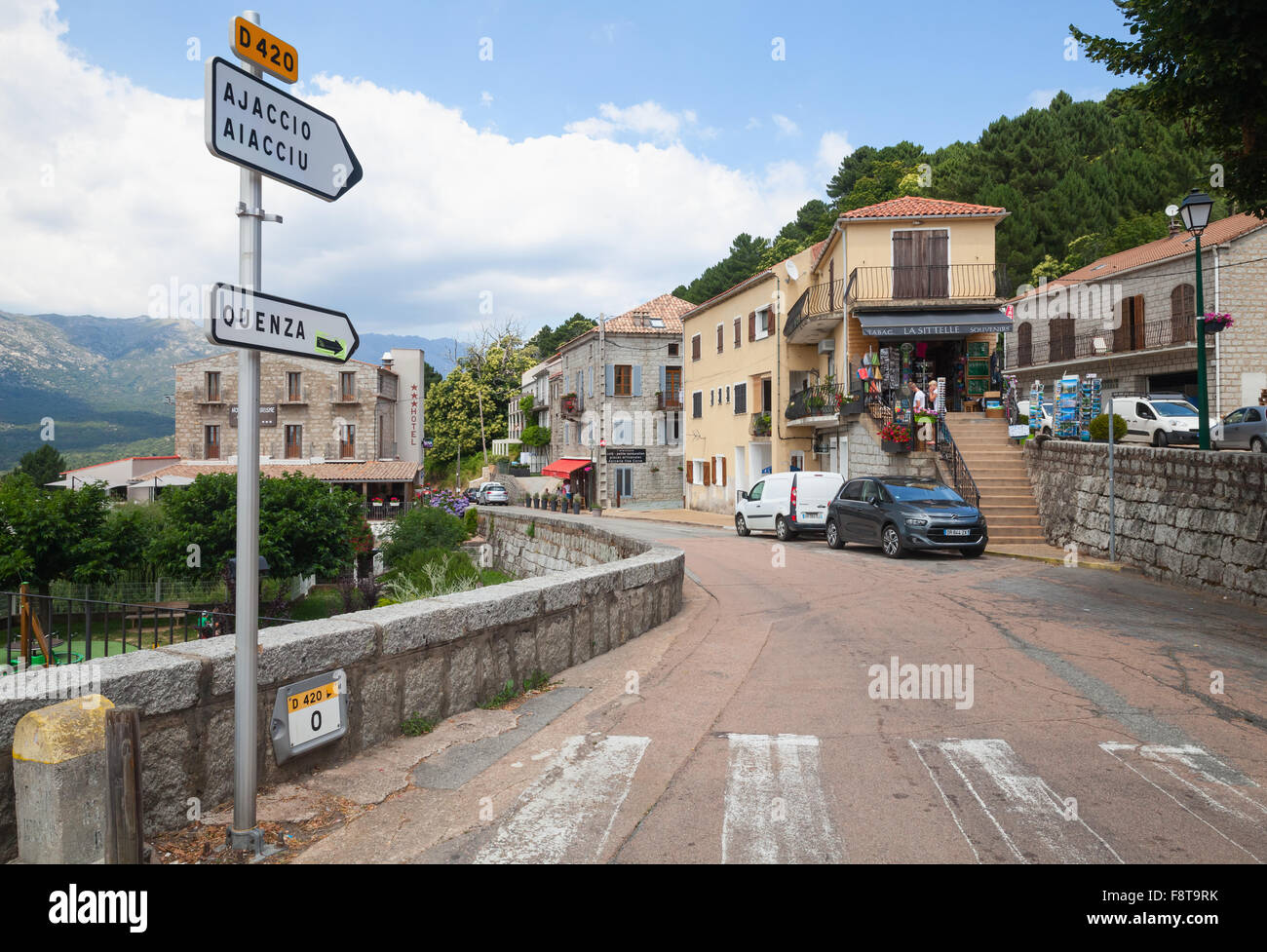Zonza, France - July 1, 2015: Corsican village, old stone houses along the road. Zonza, South Corsica, France Stock Photo