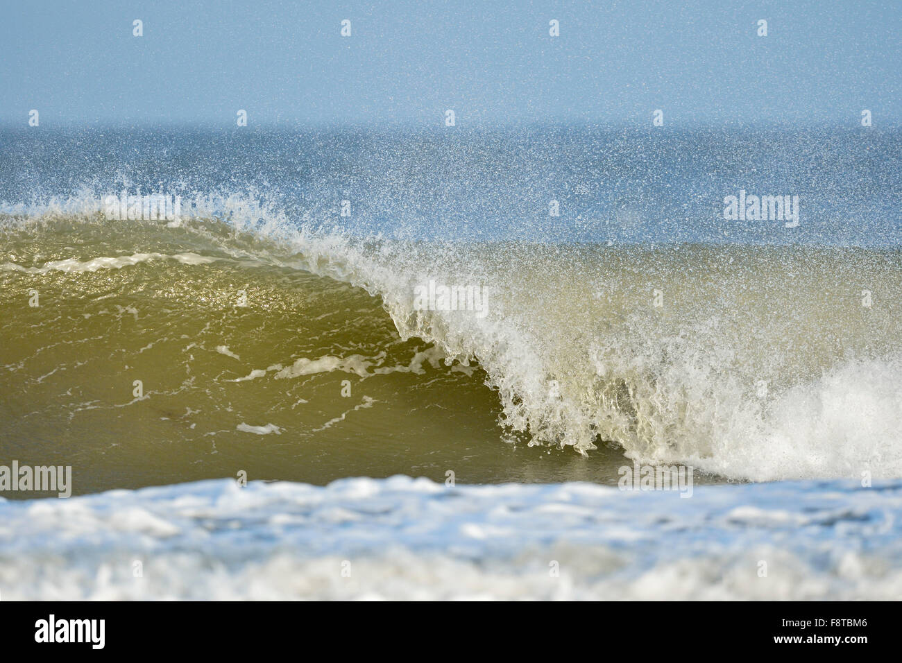 Huge wave with offshore spray crashes on the beach, sunny day at North sea, Helgoland, Germany. Stock Photo