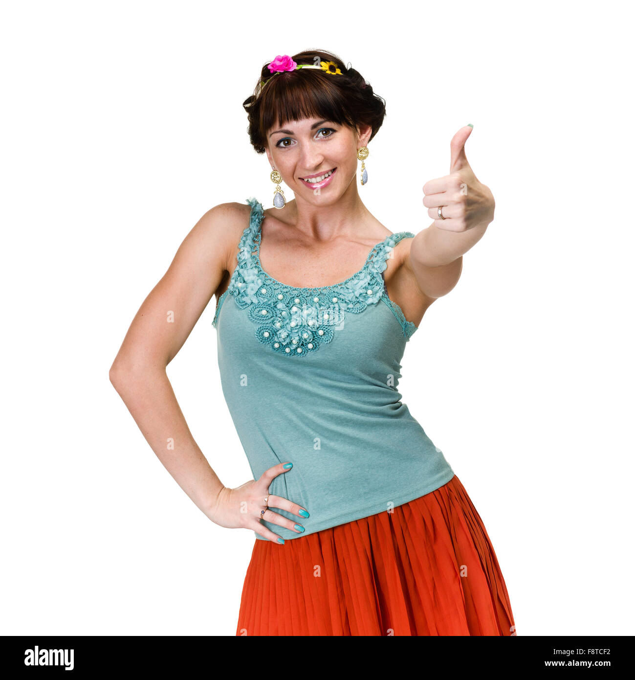 Happy smiling girl with thumbs up gesture, isolated on white background ...