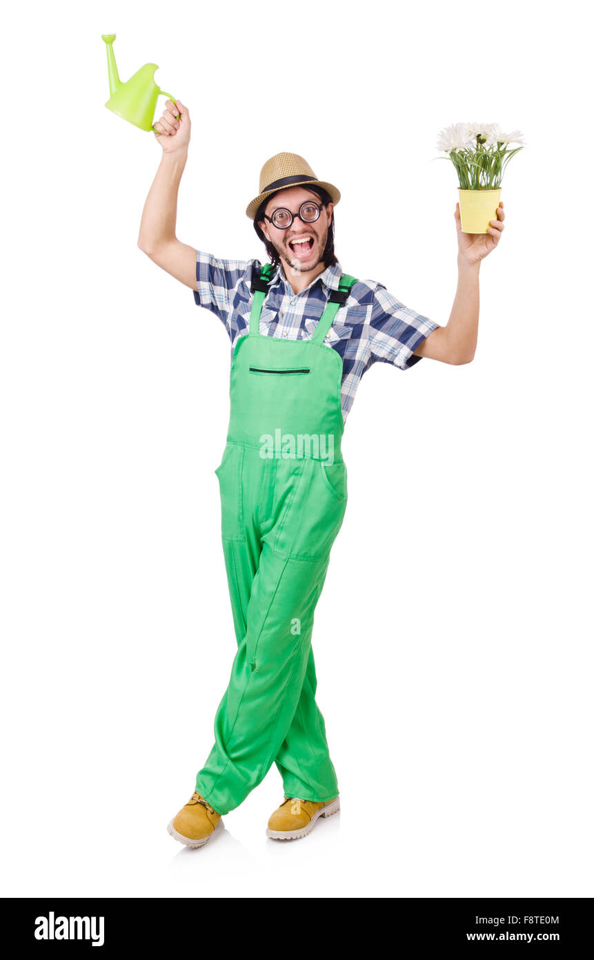 Funny gardener with watering can isolated on white Stock Photo - Alamy, image size:861x1390