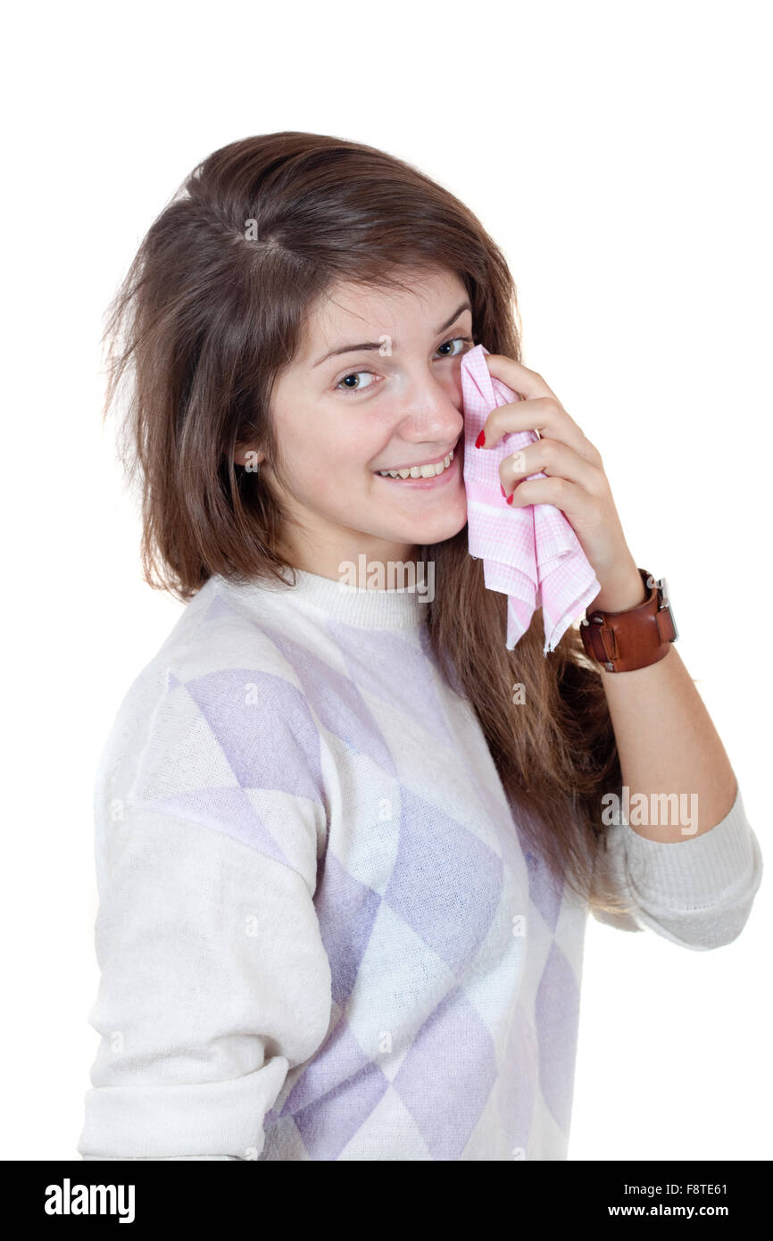 Young girl smiling and crying with shawl Stock Photo