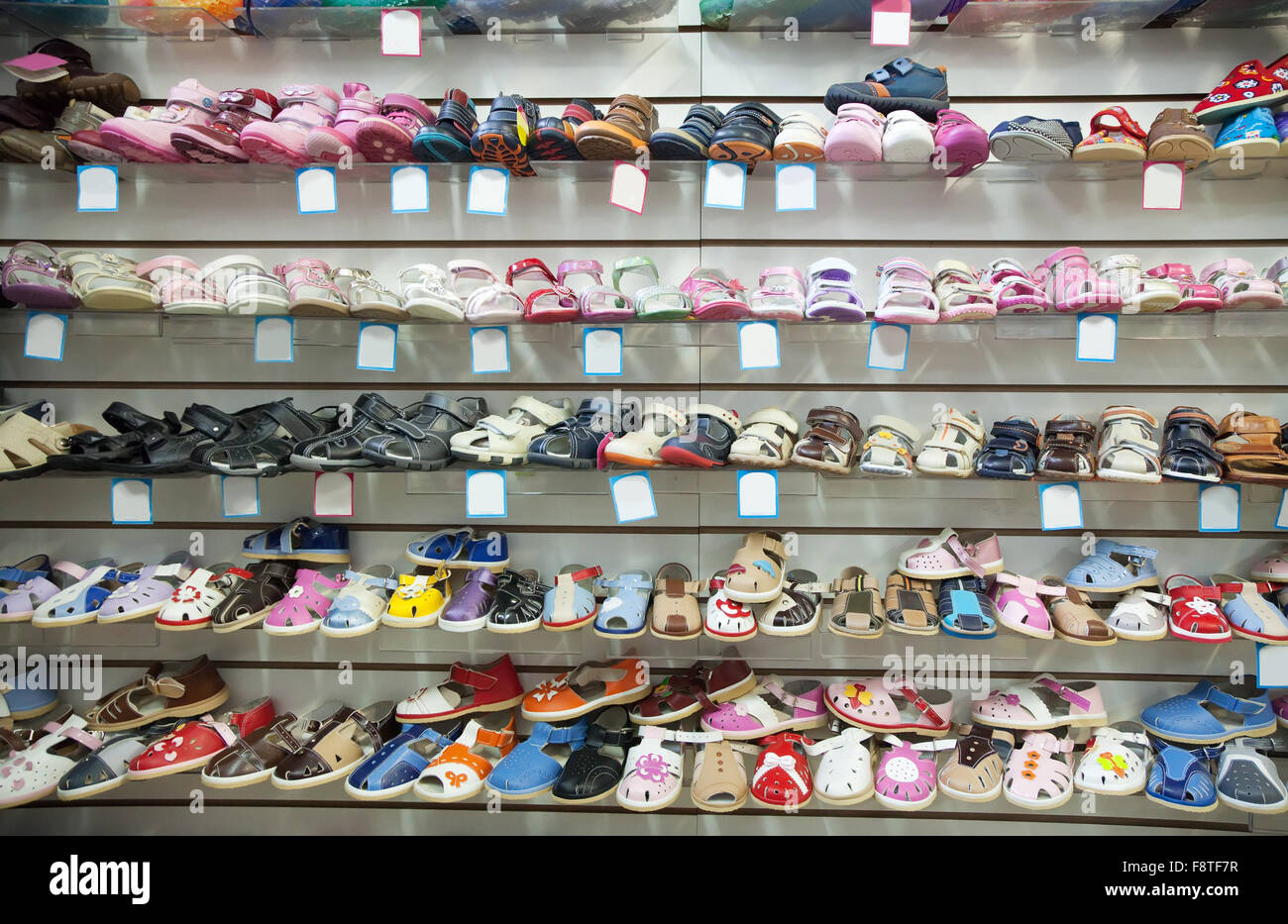 Counter with baby shoes at fashionable 