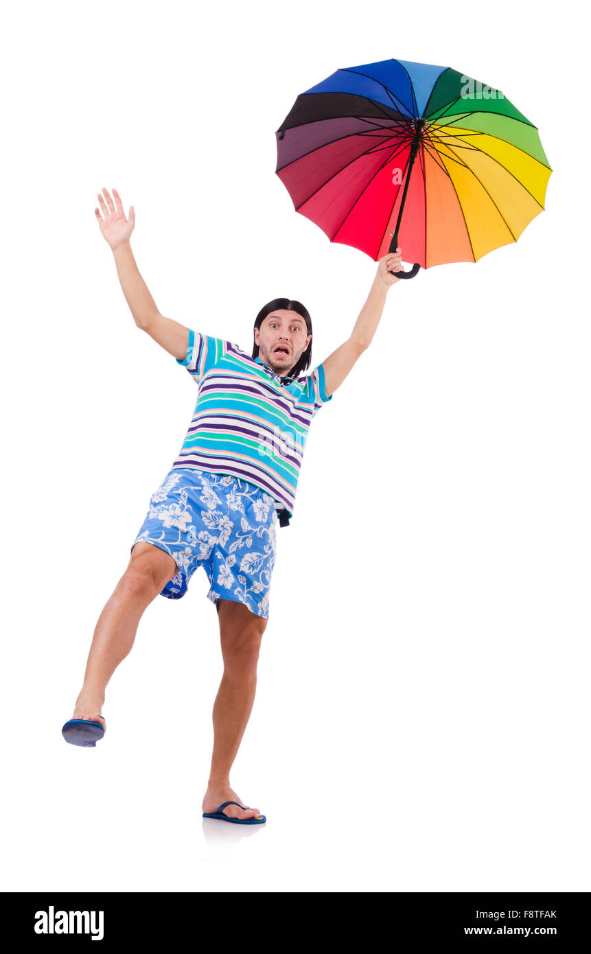 Positive man with colorful umbrella isolated on white Stock Photo - Alamy