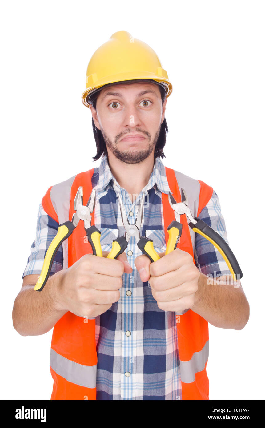 Handyman holds nippers isolated on white Stock Photo Alamy