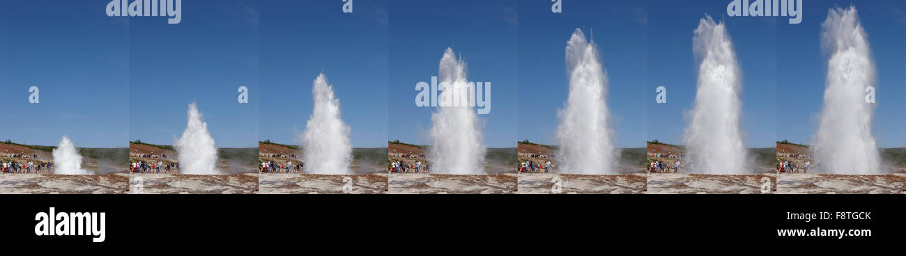 Geyser Strokkur eruption sequence against blue summer sky. Iceland ...