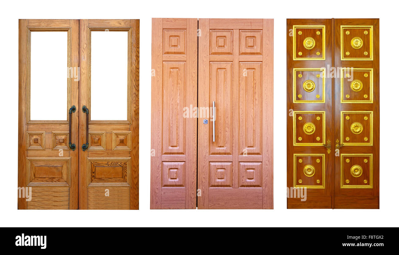Set of wooden double doors. Isolated over white background Stock Photo