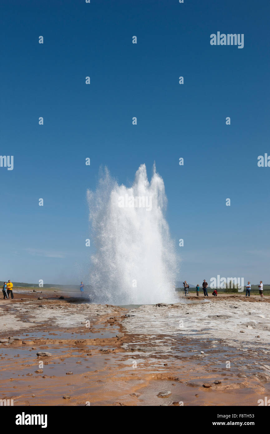 Geyser Strokkur against blue summer sky, erupting hot water and steam ...