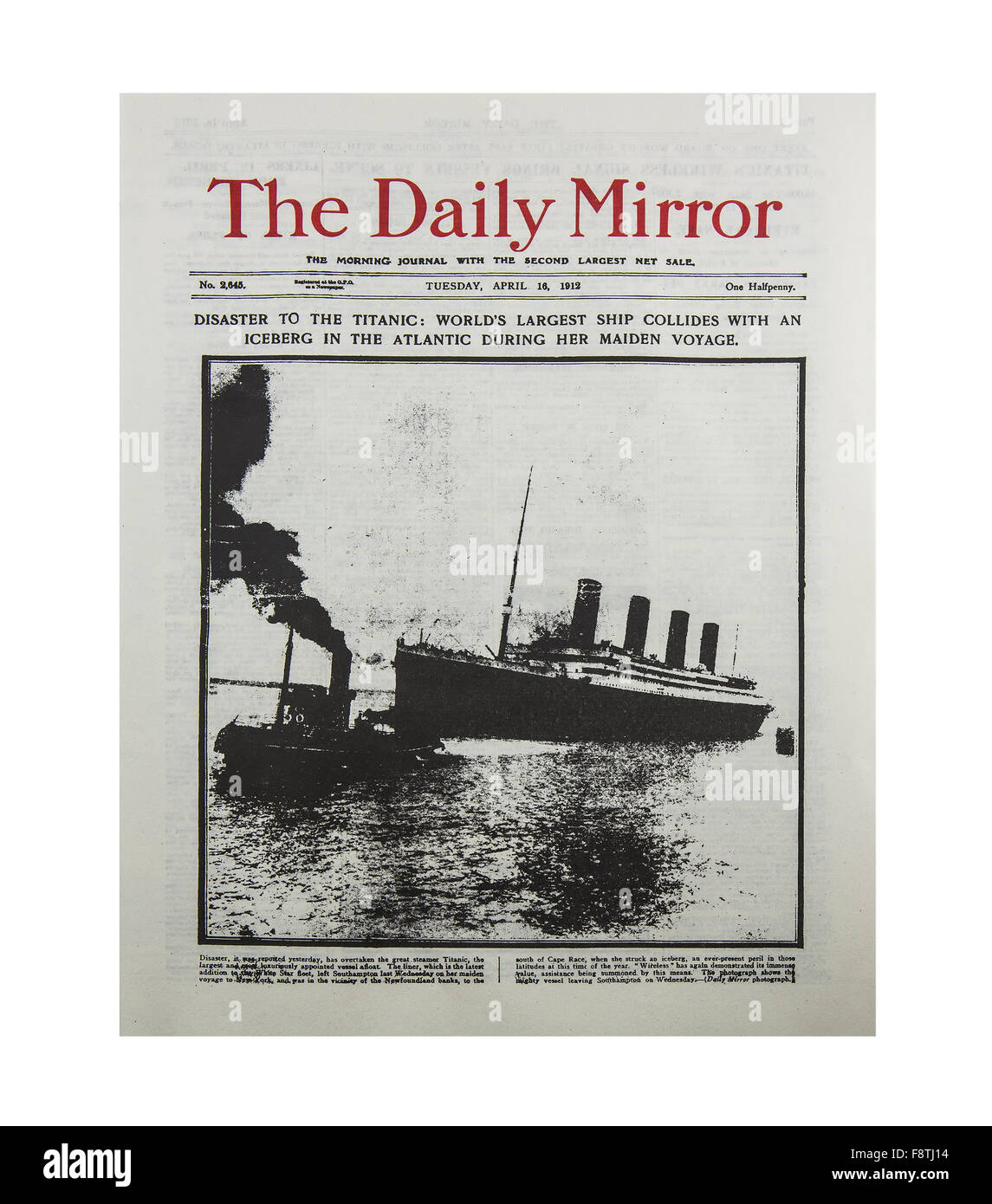 Daily Mirror reporting the sinking of the Titanic in April 1912 on her Maiden Voyage Stock Photo