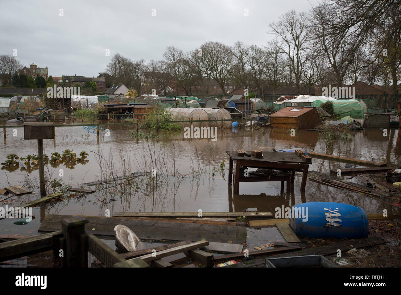 Allotment gardens inundated by flood water damaged by flooding in Carlisle at the beginning of December, 2015. Record rain fall in Cumbria caused flooding to several areas of Carlisle, causing houses to be evacuated by emergency services. Stock Photo