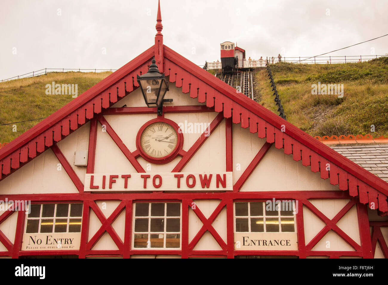 View of the scenic funicular rail lift from the pier to the cliff top at Saltburn by the Sea,England,UK Stock Photo