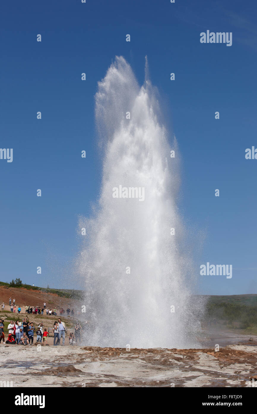 Geyser Strokkur against blue summer sky, erupting hot water and steam ...