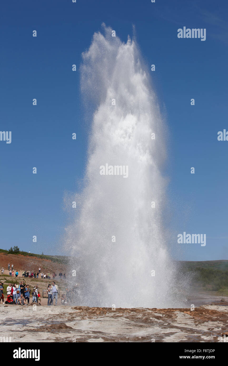 Geyser Strokkur against blue summer sky, erupting hot water and steam ...