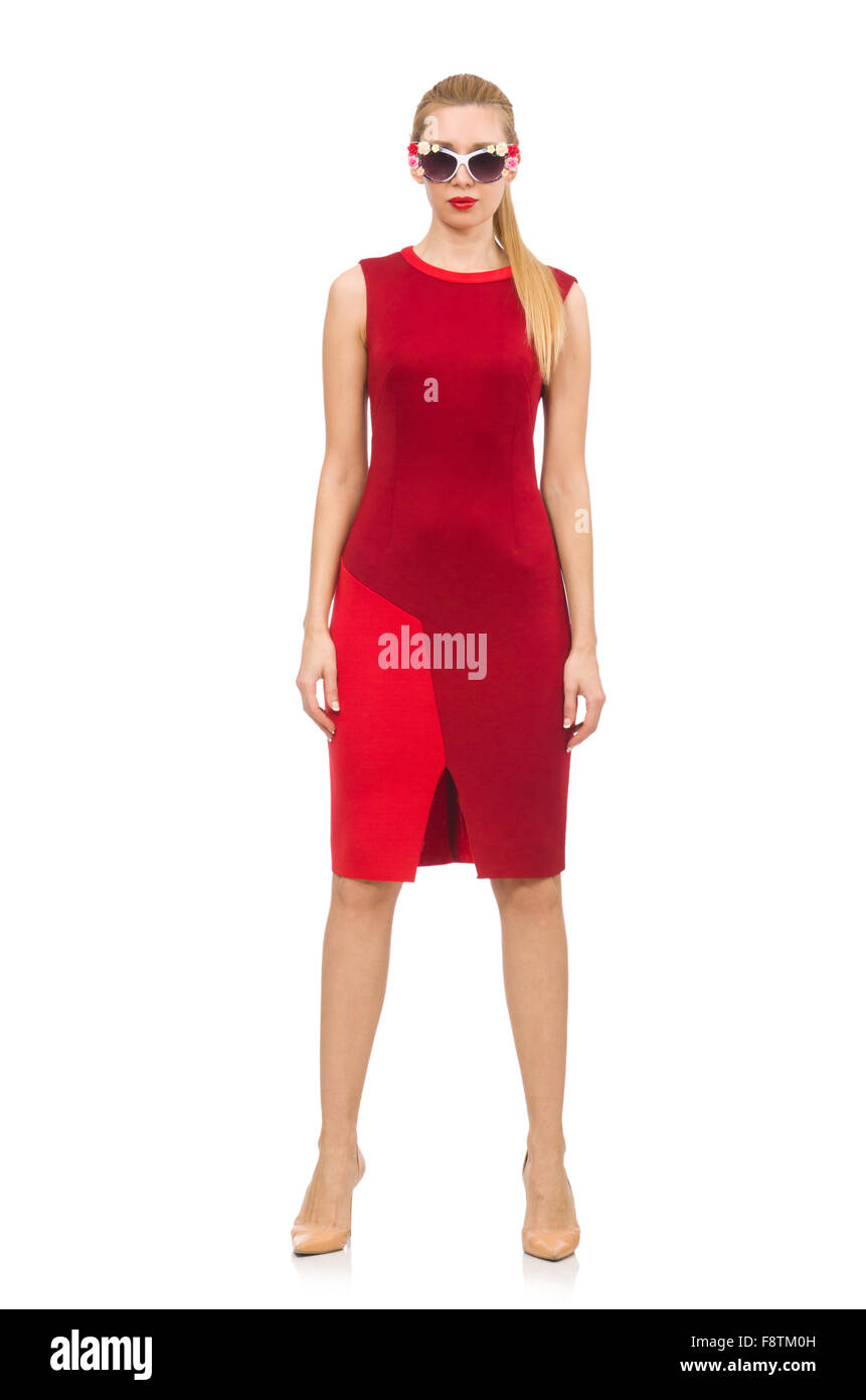 Pretty young woman in red dress isolated on white Stock Photo - Alamy