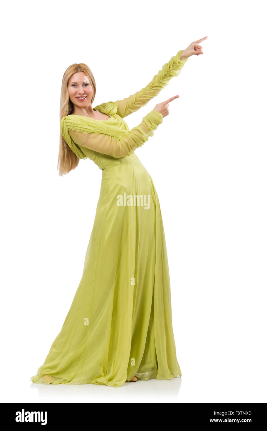 Pretty girl in elegant green dress isolated on white Stock Photo - Alamy