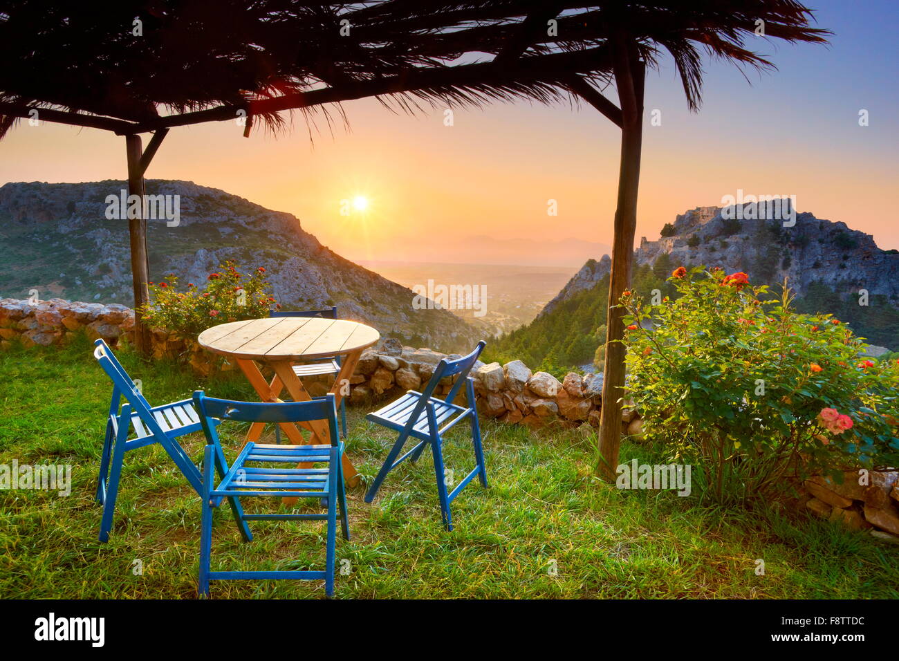 Kos - Dodecanese Islands, Greece, sunset from Old Pili village tavern Stock Photo