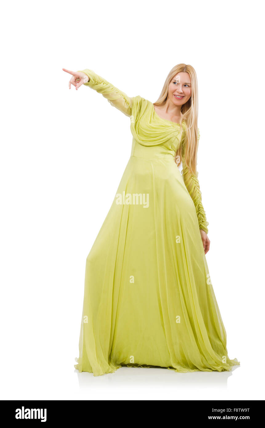 Pretty girl in elegant green dress isolated on white Stock Photo - Alamy