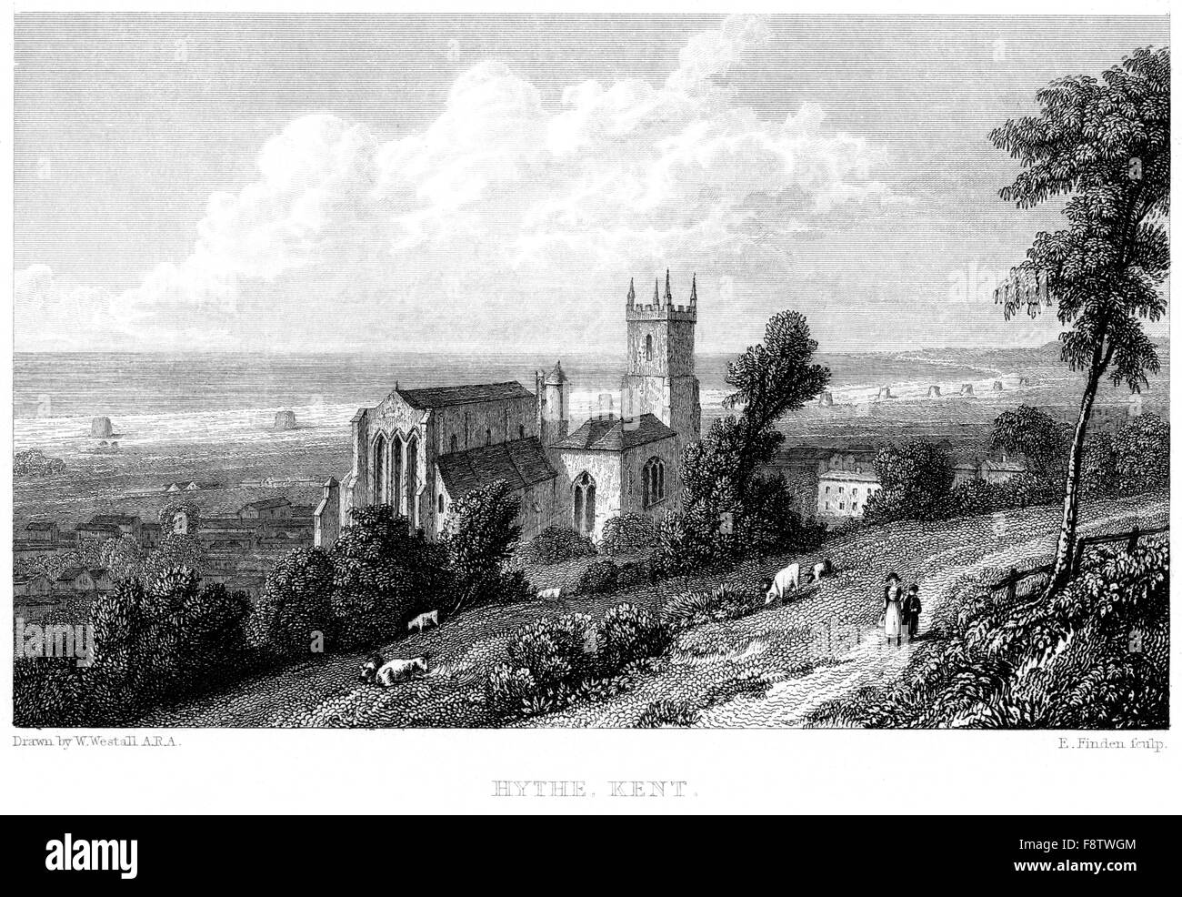 An engraving of Hythe, Kent scanned at high resolution from a book printed in 1834. Believed copyright free. Stock Photo
