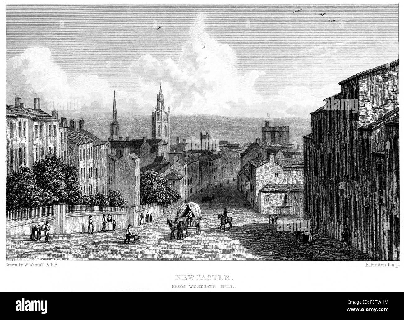 An engraving of Newcastle from Westgate Hill scanned at high resolution