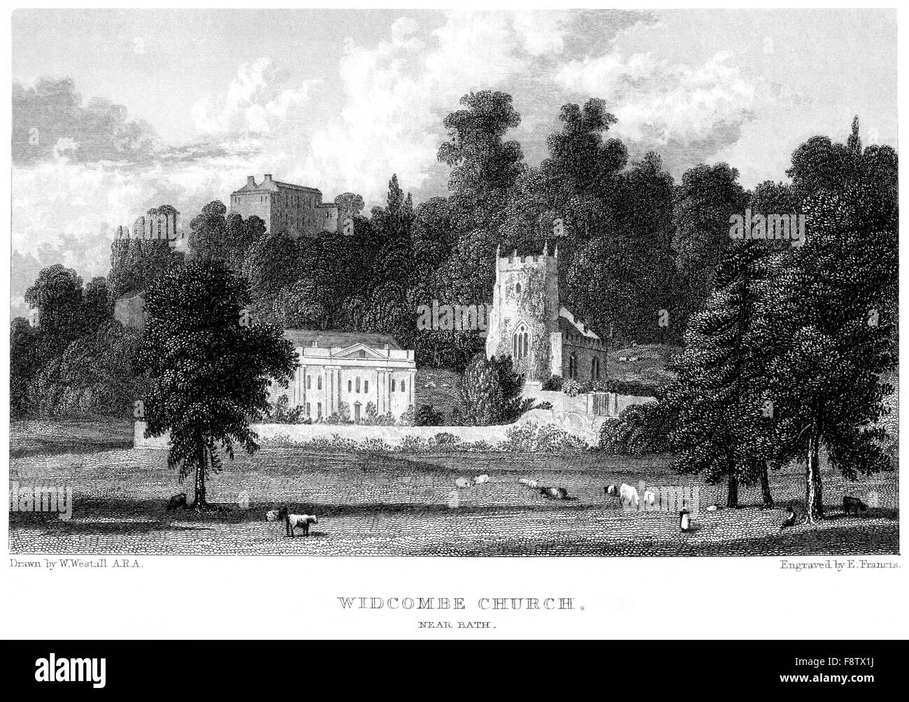 An engraving of Widcombe Church, near Bath scanned at high resolution from a book printed in 1834. Believed copyright free. Stock Photo