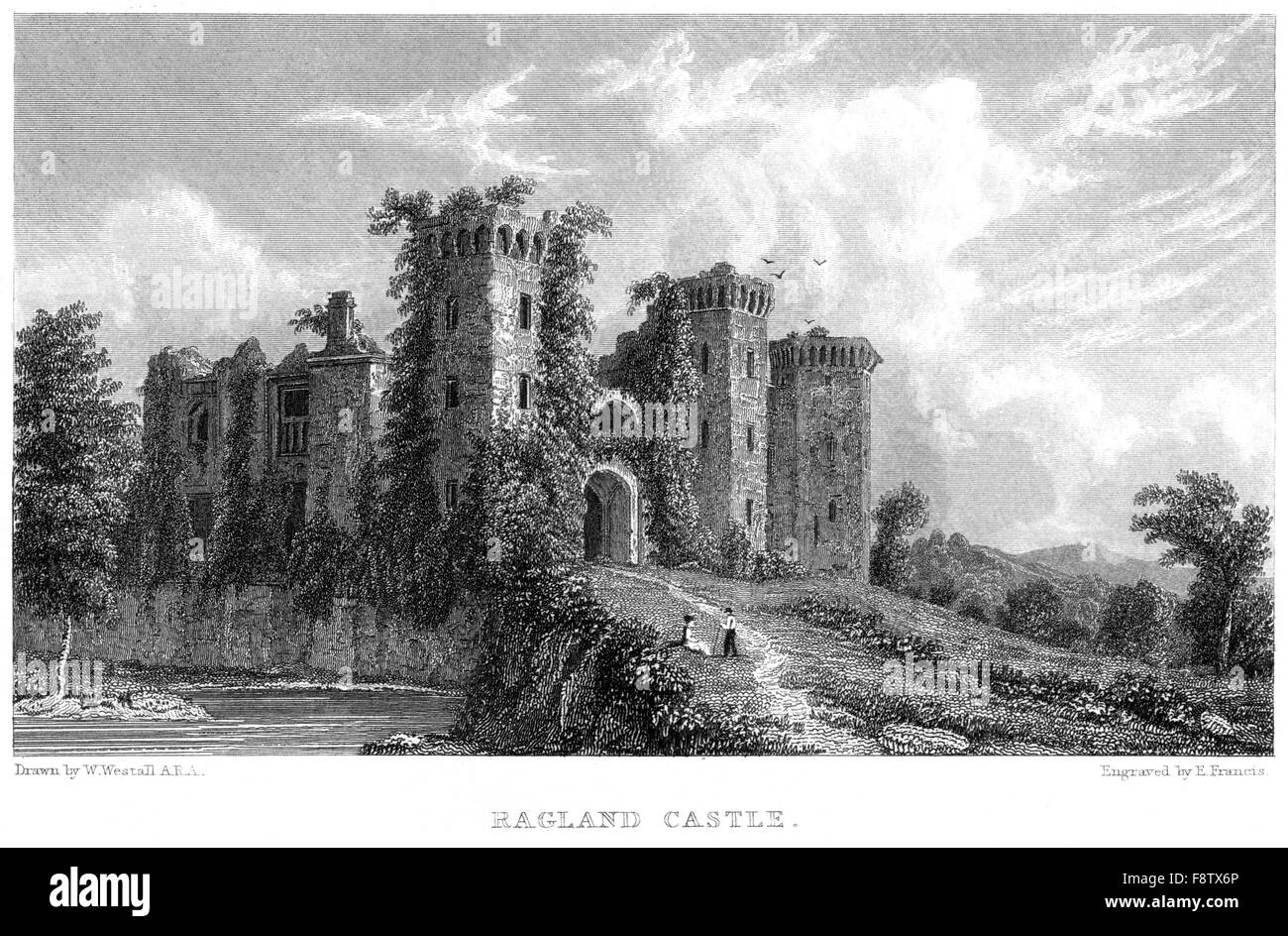 An engraving of Ragland Castle (Raglan Castle) scanned at high