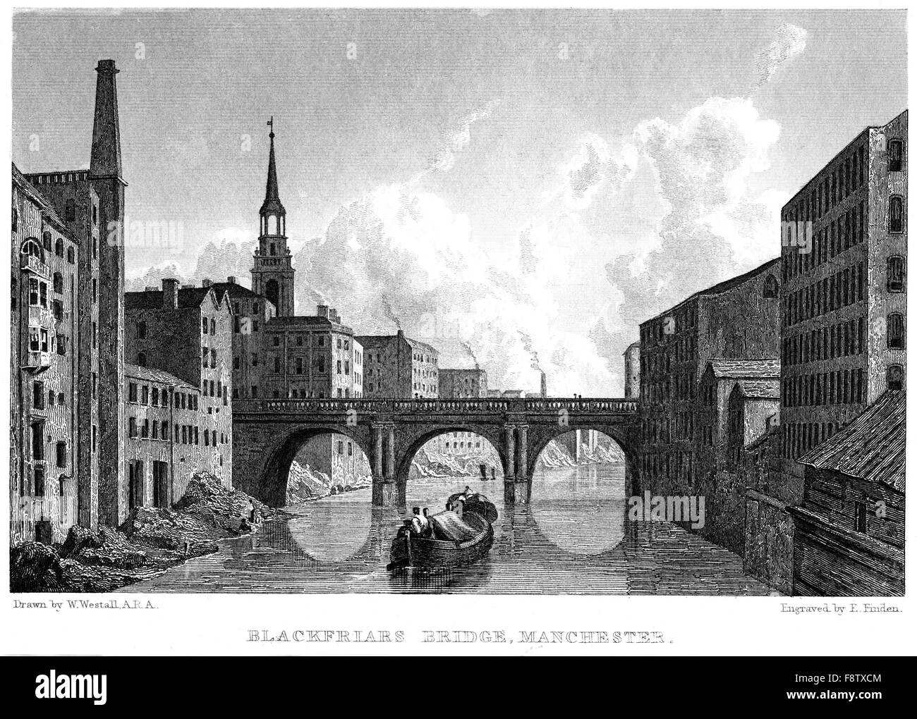 An engraving of Blackfriars Bridge, Manchester scanned at high resolution from a book printed in 1834. Believed copyright free. Stock Photo